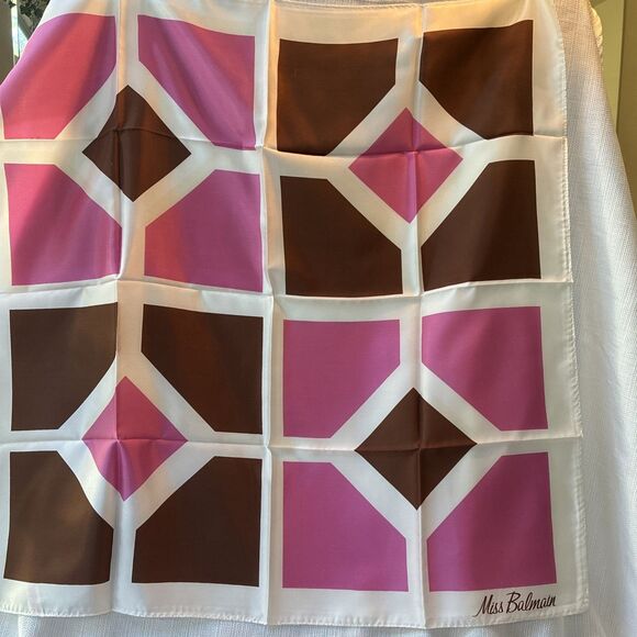 New! Vintage Miss Balmain Paris Large Scarf Brown & Pink 30” x 30” - Picture 1 of 7